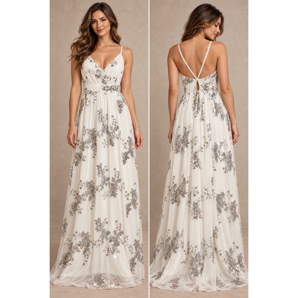 Haute Monde White Silver Sequin Floral Maxi Dress V-Neck Open Back Large NWT
